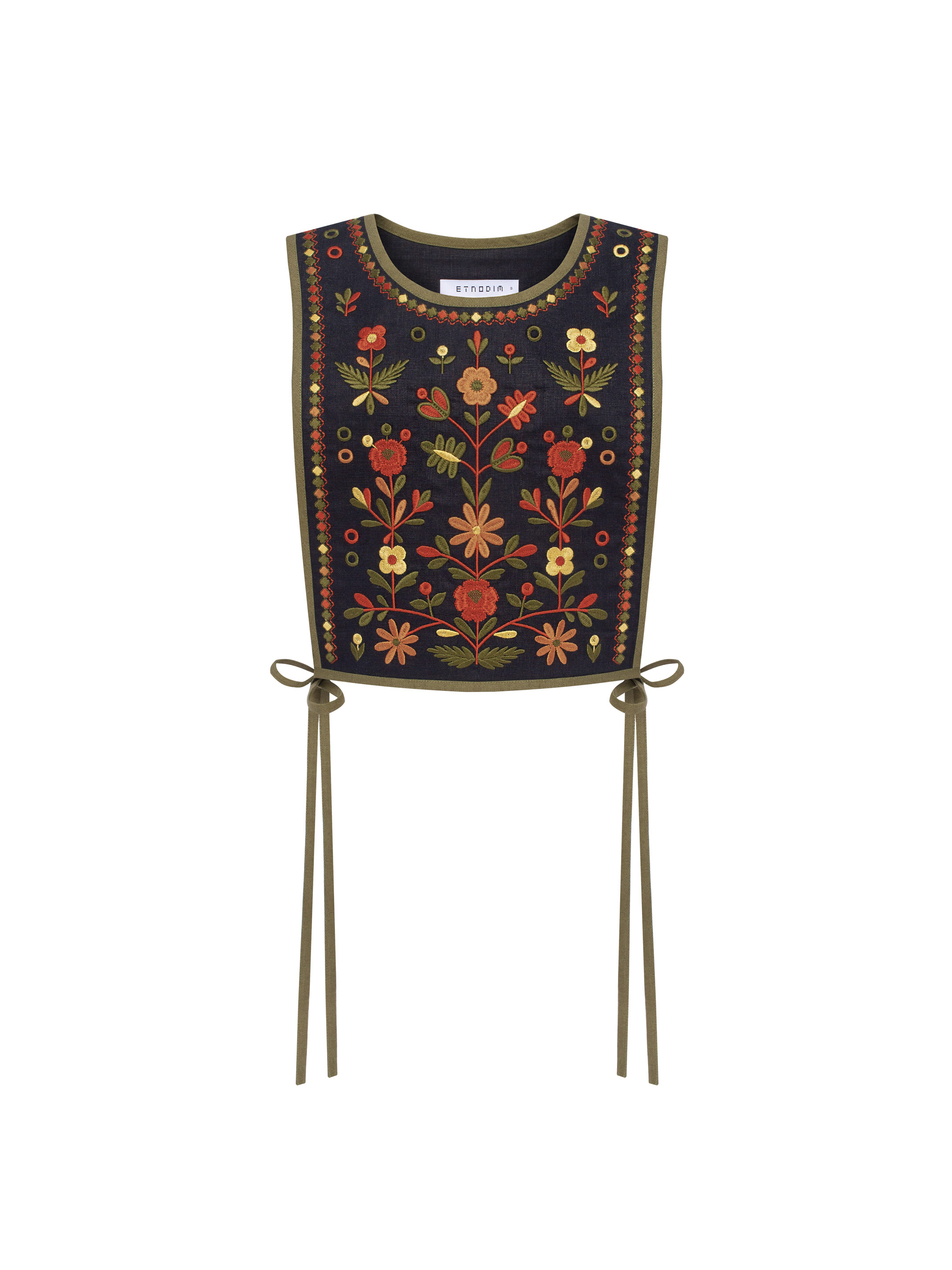 Лляний вишитий жилет з завʼязками кольору хакі Yaryna zhylet купити