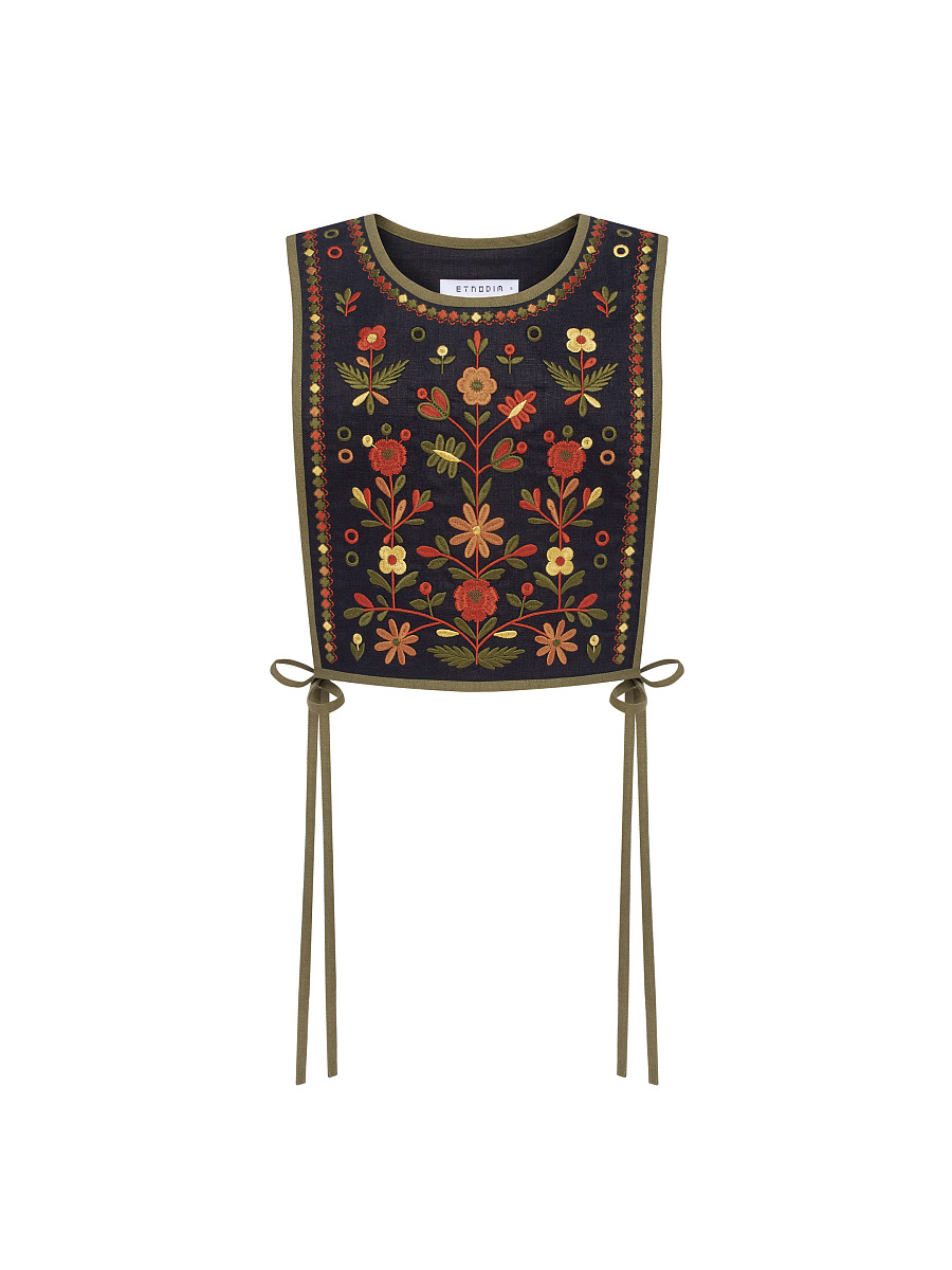 Лляний вишитий жилет з завʼязками кольору хакі Yaryna zhylet  фото