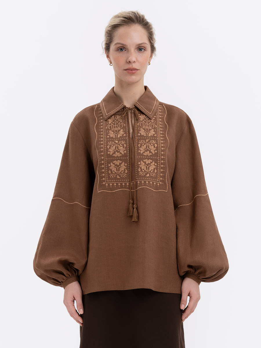 Коричнева сорочка з вишивкою в тон "Полиск"  фото