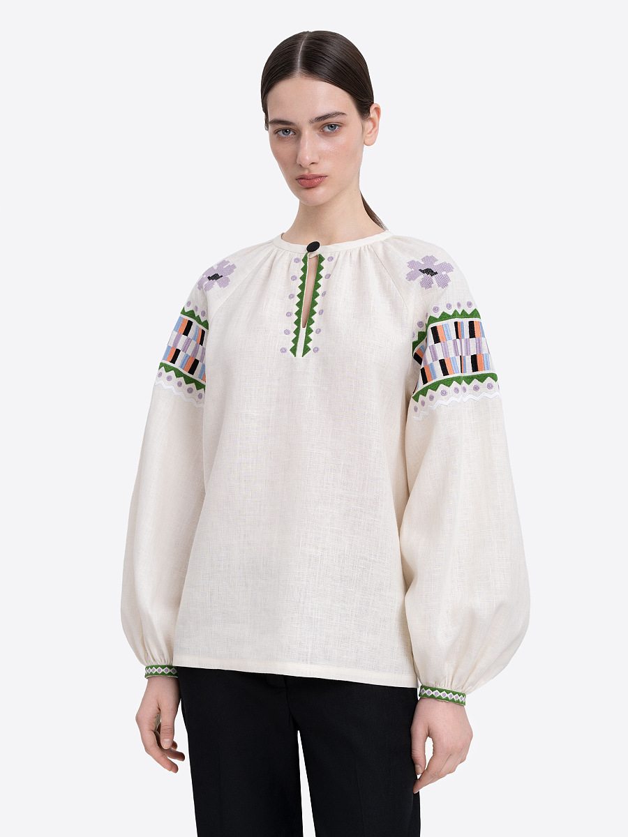 Вишита сорочка молочного кольору "Ода"  фото