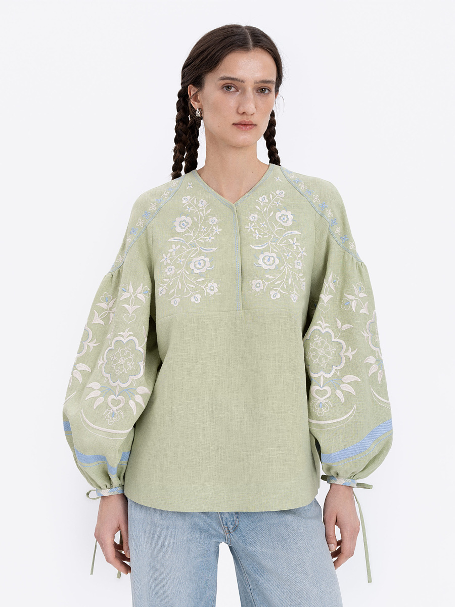 Лляна блуза ніжно-зеленого кольору "Орьнек"  фото