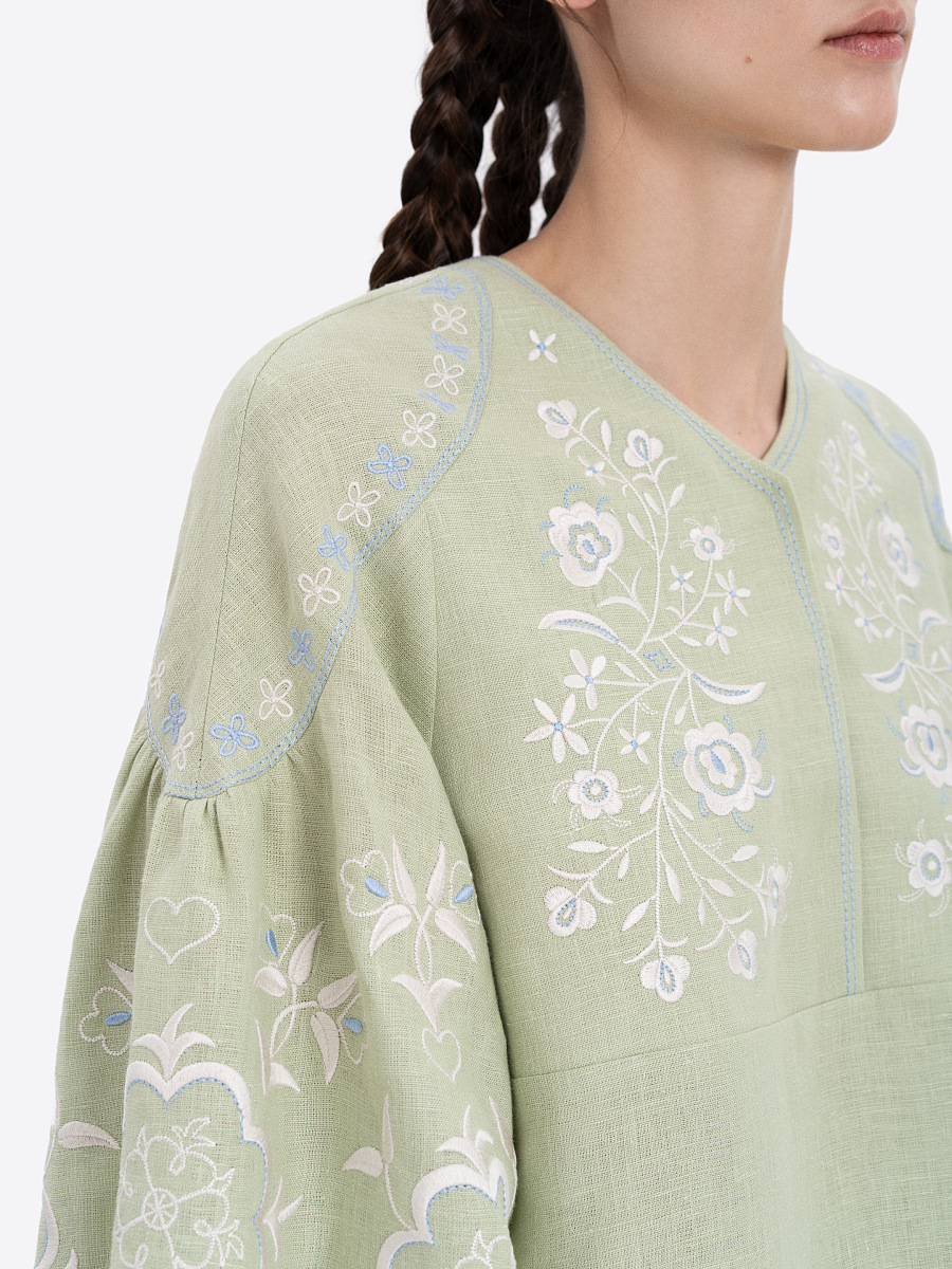 Лляна блуза ніжно-зеленого кольору "Орьнек"  фото 5