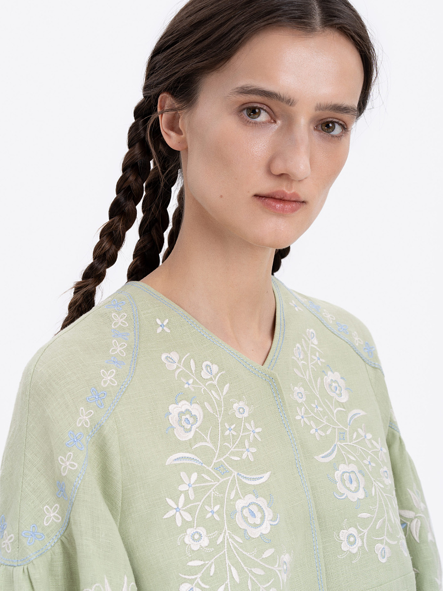 Лляна блуза ніжно-зеленого кольору "Орьнек"  фото 4