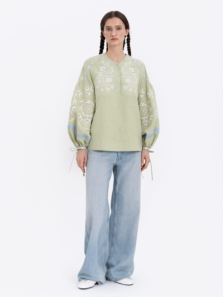 Лляна блуза ніжно-зеленого кольору "Орьнек"  фото 6