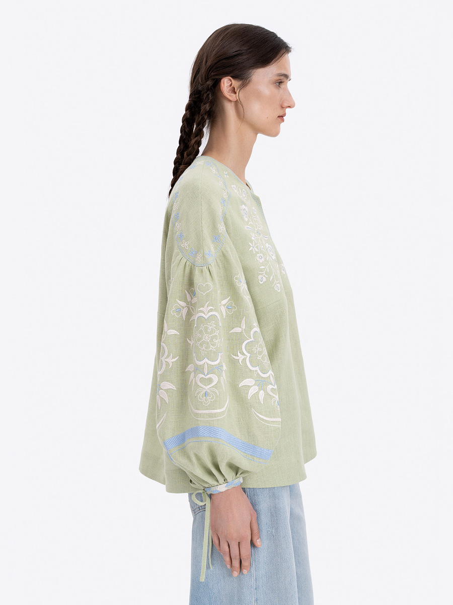 Лляна блуза ніжно-зеленого кольору "Орьнек"  фото 2