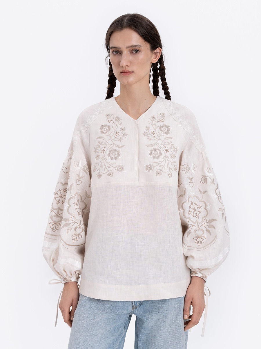 Лляна блуза молочного кольору "Орьнек"  фото